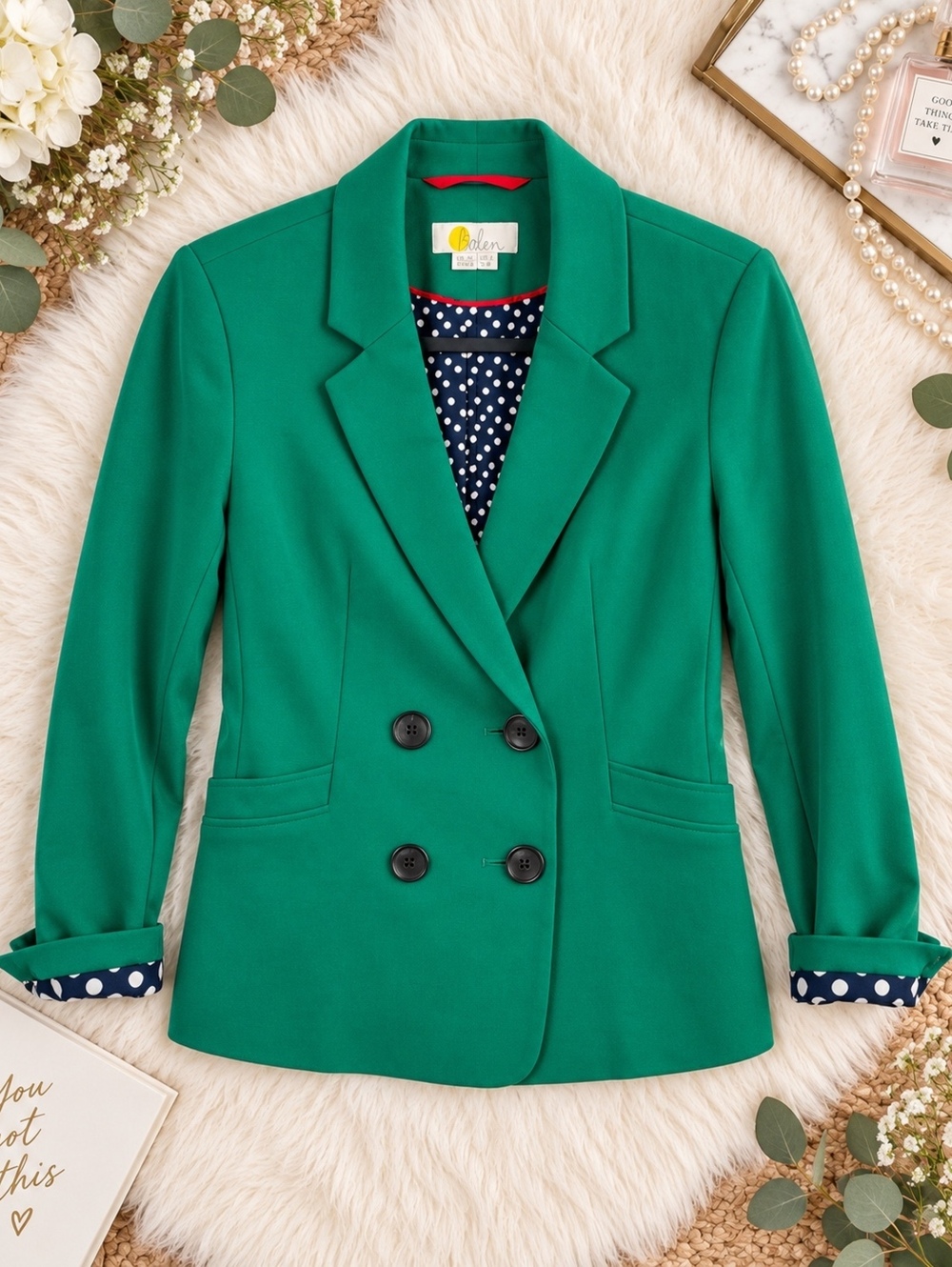 Boden Green Double-Breasted Blazer US 6P Polka Dot Lining